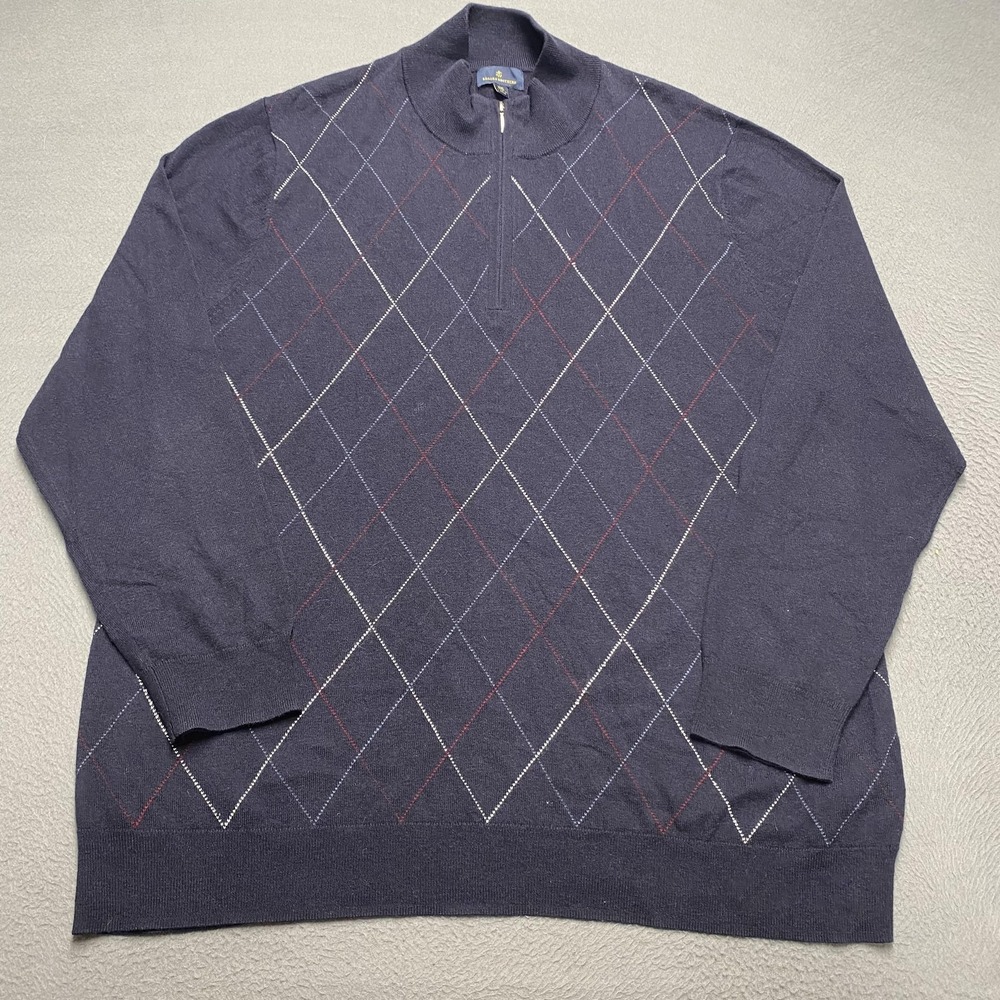 Brooks Brothers Sweater Mens 2XL Navy Argyle Quarter Zip Wool Cotton Pullover